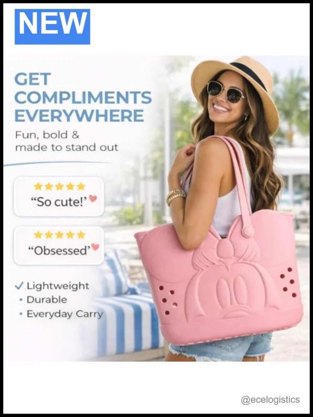 Disney Minnie Mouse EVA Waterproof Tote Bag - Large Beach Pool Travel Carry-All